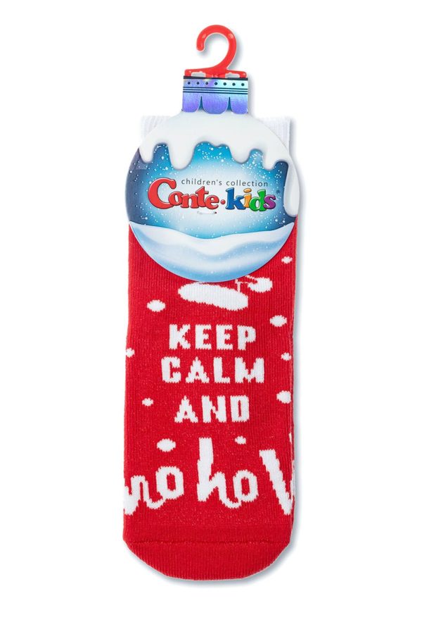 Șosete cu talpă flaușată pentru copii, motive Crăciun, cu model ”HO-HO-HO”, Conte Kids 519 Model Rosu Ambalaj