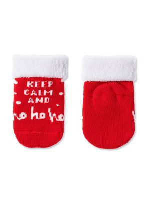 Șosete cu talpă flaușată pentru copii, motive Crăciun, cu model ”HO-HO-HO”, Conte Kids 519 Model Rosu sub 1 an